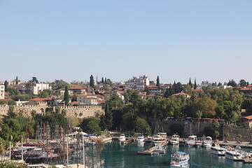 Fototapeta na wymiar Panoramic view of harbor in Antalya Kaleici Old Town. Antalya, Turkey.
