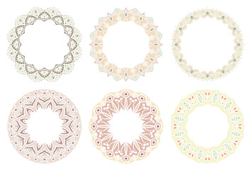 Hand drawn set of decorative round frames for design with floral ornaments. Circle mandala frame. Templates for printing postcards, invitations, books, textiles, yoga, invitation, graphic design