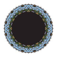 Hand drawn decorative round frame for design with mountain ornaments. Circle mandala frame. Template for printing postcards, invitations, books, textiles, yoga, invitation, graphic design