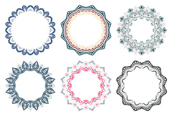 Hand drawn set of decorative round frames for design with floral ornaments. Circle mandala frame. Templates for printing postcards, invitations, books, textiles, yoga, invitation, graphic design