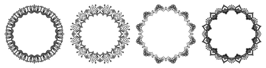 Hand drawn set of decorative round frames for design with floral ornaments. Circle mandala frame. Templates for printing postcards, invitations, books, textiles, yoga, invitation, graphic design