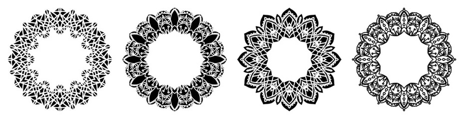 Hand drawn set of decorative round frames for design with floral ornaments. Circle mandala frame. Templates for printing postcards, invitations, books, textiles, yoga, invitation, graphic design