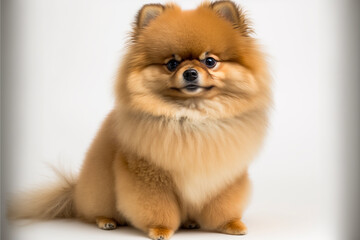 A cute pomeranian puppy portrait on isolated white background.Front view.Created with generative ai