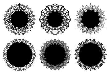 Hand drawn set of decorative round frames for design with floral ornaments. Circle mandala frame. Templates for printing postcards, invitations, books, textiles, yoga, invitation, graphic design