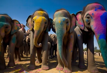 Bunte Elefanten beim indischen Holi-Event mit Farbe bestäubt. Das Holifestival