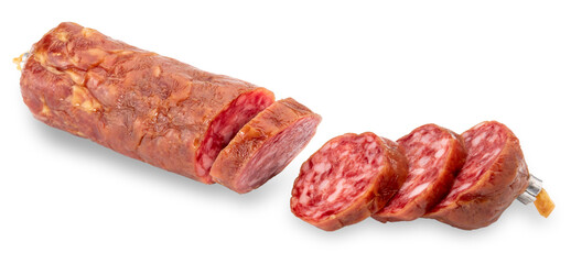 Sliced salami sausage cut out on transparent