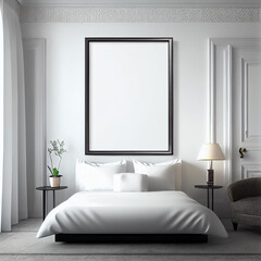 Mockup of a blank picture frame on the wall of a modern and minimalist master bedroom | Interior design of a bed room | Beautiful and modern bed with pillows and blankets | Generative Ai | Mock-up 