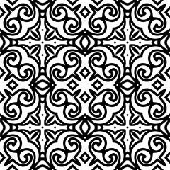 Vector pattern in geometric ornamental style. Black and white color. Simple geo all over print block for apparel textile, ladies dress, fashion garment, digital wall paper.
