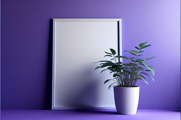 Mockup of a blank picture vertical frame on floor with a simple pot of a plant | Purple wall background | Generative Ai | Mock-up for poster | Photo frame | Close-up
