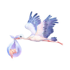 Watercolor hand painted flying white stork with sleeping baby bunny. Hand painted ciconia bird illustration isolated on white background. For design, prints or background, baby shower invitations.