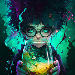 illustration girl scientist with crazy hair in the lab