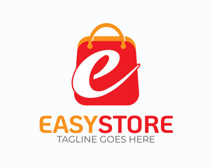 Initial Letter E Logo. Letter E logo on Orange Shopping Bag Vector Illustration isolated on White  Background. Use for Online Store Business and Branding Logos. Flat Vector Logo Design EPS Template