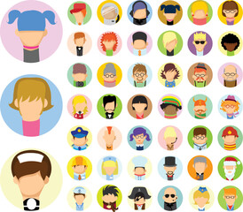 Super set of flat avatars icons. Positive male and female characters different ages, professions and nationalities. Funny vector illustrations.