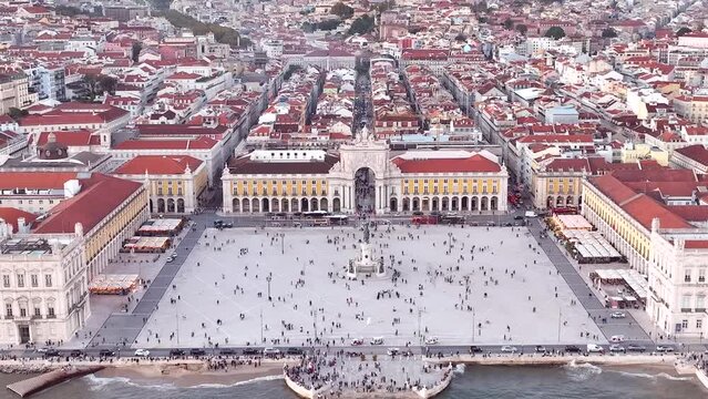 Commerce Square in Lisbon, Portugal. Palace Yard, Royal Palace of Ribeira. Drone Point of View. 4k. Sunset Light