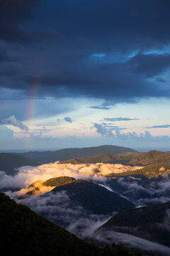 View over mountains from Astra Montana, remote mountain cabin above Soca valley in Triglav National Park, Slovenia
