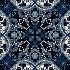 Retro indigo floral bandana 2 tone patterned fabric background. Seamless boho denim blue design. Fashion masculine wall paper. 