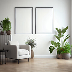 Mockup of blank picture frames on the wall of a living room with white armchairs and plants | Interior design | Interior décor | Generative Ai | Digital illustration | Minimalist decoration