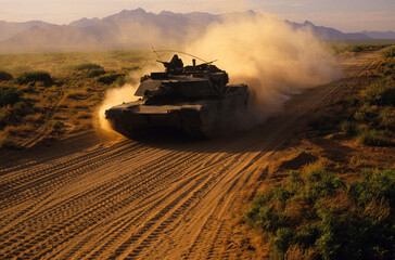 Army tank on dusty road in training exercises in west Texas, Ft. Bliss, El Paso, Texas.