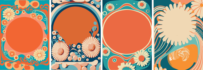 A set of backgrounds for text, psychedelic hippie art, a frame of stylized flowers. - obrazy, fototapety, plakaty
