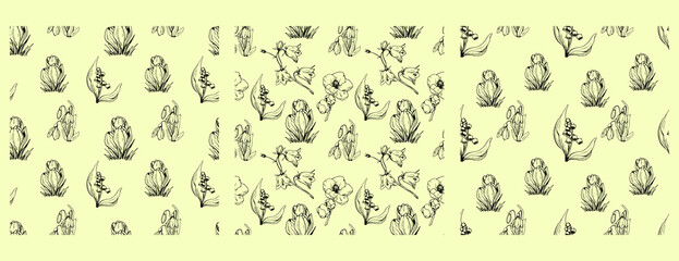 Set of floral patterns. White background. ink. Spring. Seamless vector pattern. Crocus. Lily of the valley. Primroses. Sketch. Fabric print. Spring flowers. April. May.