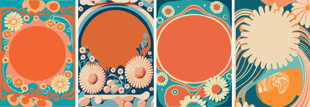 A set of backgrounds for text, psychedelic hippie art, a frame of stylized flowers.