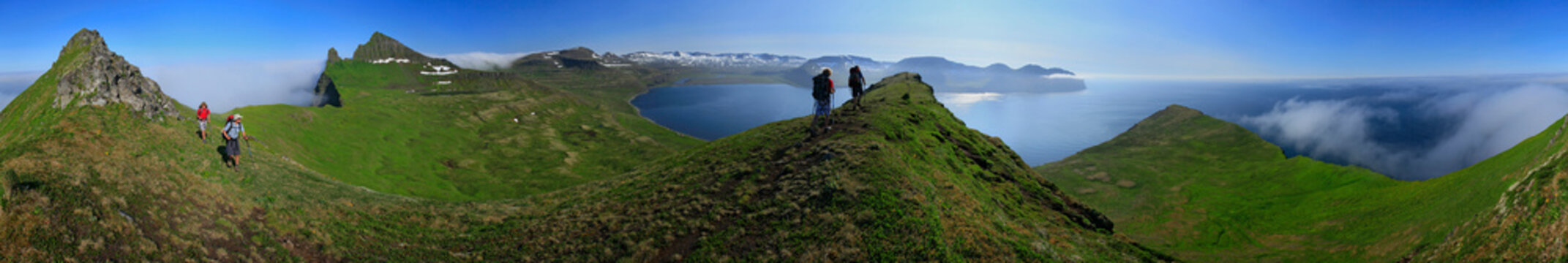 360 degree pano of backpackers overlooking Hornvik bay, Hornstrandir Peninsula, Iceland