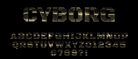 Metallic cyborg font design, futuristic metal alphabet with capital letters and numbers, abstract modern uppercase typography for technology, movie, digital