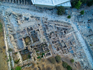 Drone photo of historical artifacts in the ancient city of Ephesus