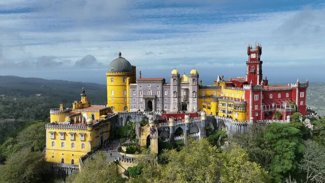 Palace of Pena in Sintra. Lisbon, Portugal. Part of cultural site of Sintra City. Drone Point of View. 4k