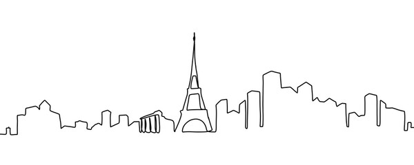 Paris skyline is drawn in one line art style. Printable art.