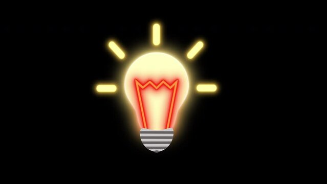 Illustrated animation of a blinking light bulb on a black background. Flashing light bulb logo. Idea concept.