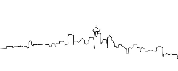 The city skyline is drawn in a one line art style. Printable art.