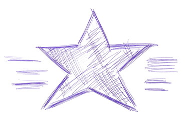 Grunge blue star ballpoint pen, hand draw texture isolated on  background
