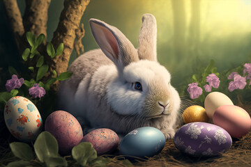fluffy bunny with colored easter eggs with nature background. Generative AI