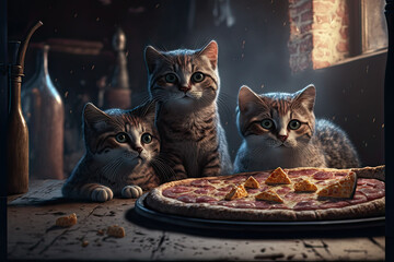 Fototapeta na wymiar Kittens, cats eat pizza Generative Ai