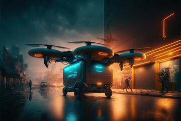Fototapeta na wymiar Futuristic delivery drone on the street background, cyberpunk colored light around ,Generative AI 