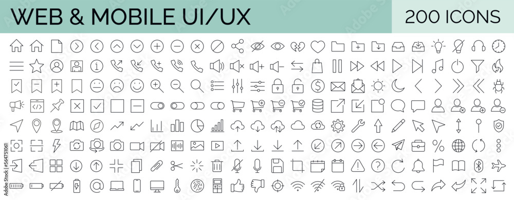 Poster big collection of minimalist and simple uxui web icons. set of 200 editable stroke icons. vector ill