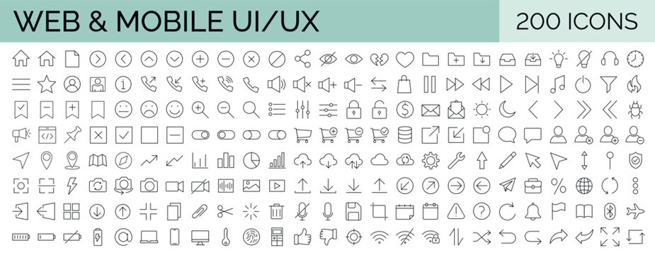 Big collection of minimalist and simple  UxUi web icons. Set of 200 editable stroke icons. Vector illustrator. Suitable for Web Page, Mobile App, Web, Print.