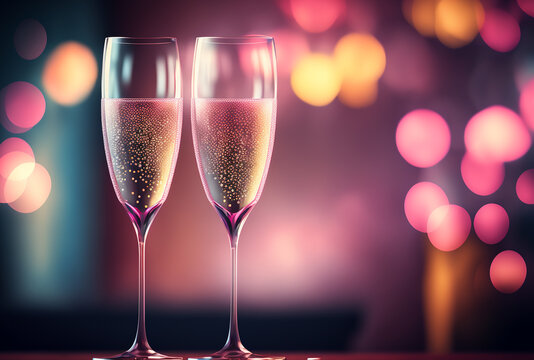 Valentine's day celebration toast, pink champagne glasses close up, bokeh lights background. AI generative