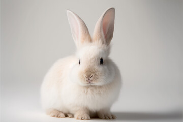 Coniglio bianco con lunghe orecchie e chiazze color miele su sfondo bianco generato dall'AI