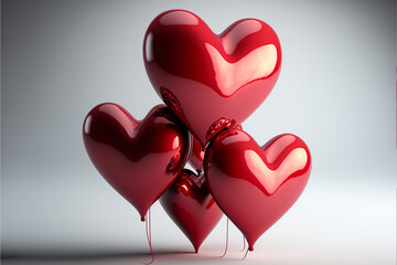 Palloncini rossi riflettenti a forma di cuore per San Valentino su sfondo bianco generati dall'AI