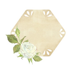 Hexagonal kraft tag with white rose and leaves. Watercolor illustration. Place for inscription or text. Isolated on a white background. For design of greeting cards, scrapbooking, stickers