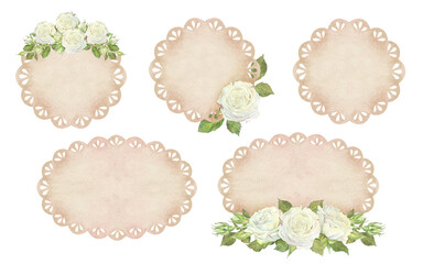 Watercolor illustration. A set of beige lace doily with compositions of white roses. Place for inscription or text. Round and oval templates. Isolated on a white background. For design of stickers