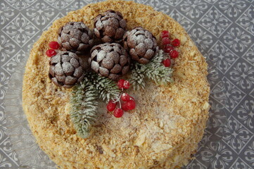 Napoleon cake decorated with winter motifs.