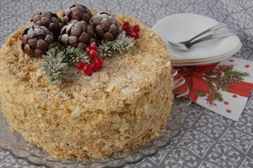 Napoleon cake decorated with christmas motifs.