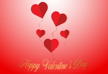 Fototapeta na wymiar Grußkarte mit Herzen an Ballonschnüren auf rotem Hintergrund mit goldenem Schriftzug Happy Valentine's Day. 