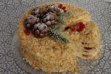 Napoleon cake decorated with christmas composition.