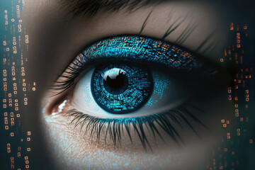 Retina scanner presented with the help of blue and green eyes. Cyber security procedures in the field of identification in cyberspace are improving more and more. The image was created with AI.