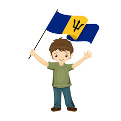 Boy with the flag of Barbados, a beautiful little child holds the flag of Barbados in his hand in flat style. vector illustration