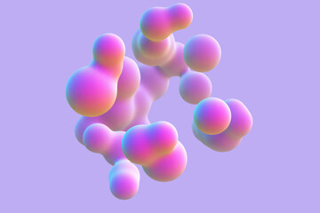 3D abstract liquid bubbles on purple background. Concept of future science: floating morphing spheres, molecular elements or nanoparticles. Fluid pink shapes in motion EPS 10, vector illustration. - 564754410